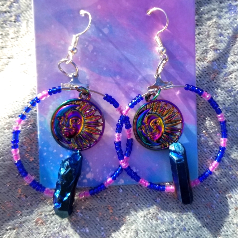 Crystal sun moon hoop earrings beaded